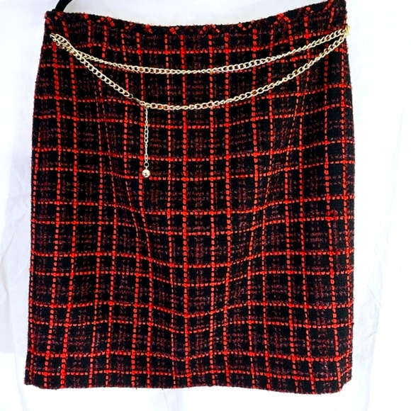 Tahari Sz 16 Skirt Red and Black Tweed Knee-Length Pencil detachable chain NWT - Picture 1 of 13